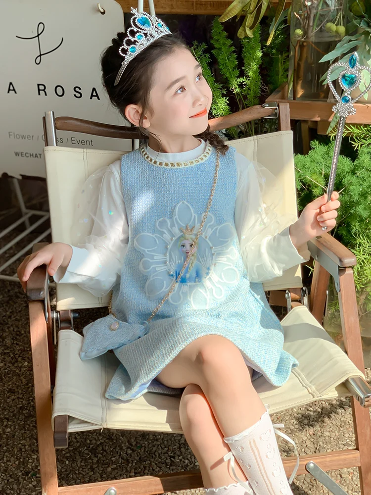 

Платье-жилет с длинными рукавами для маленьких девочек, комплект из платья «Холодное сердце» Эльзы, комплект из двух предметов, милые милые платья принцессы с мультяшным принтом, новая осень