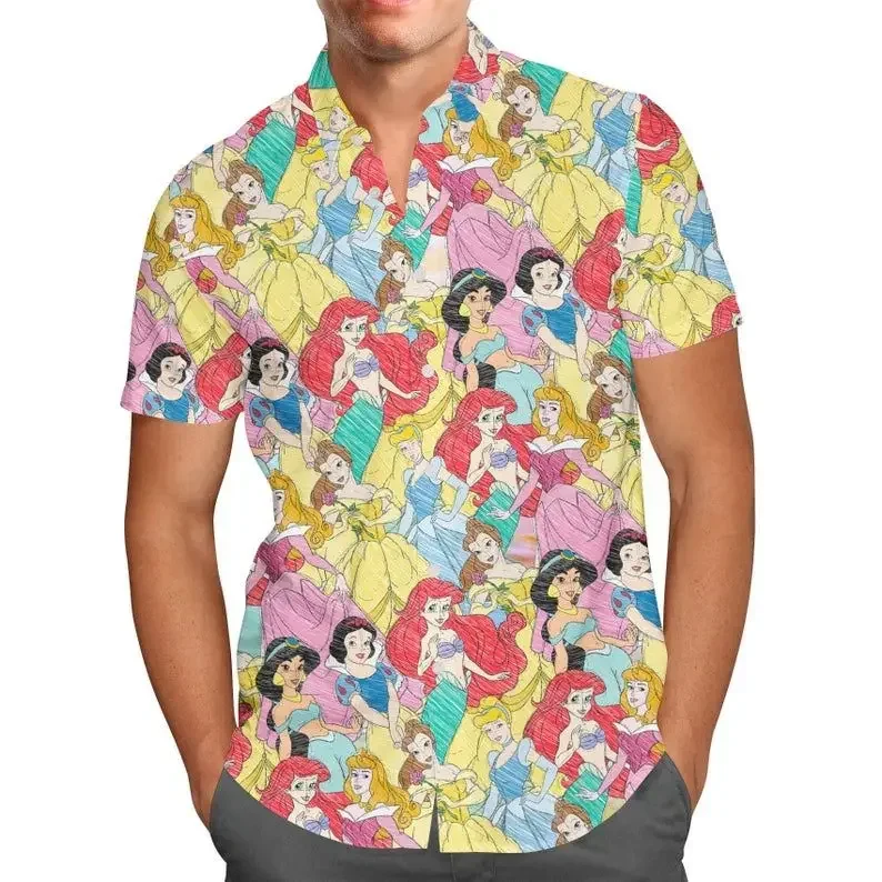 Гавайская рубашка с короткими рукавами для мужчин и женщин, модная повседневная винтажная гавайская рубашка с рисунком Принцессы Диснея, на пуговицах