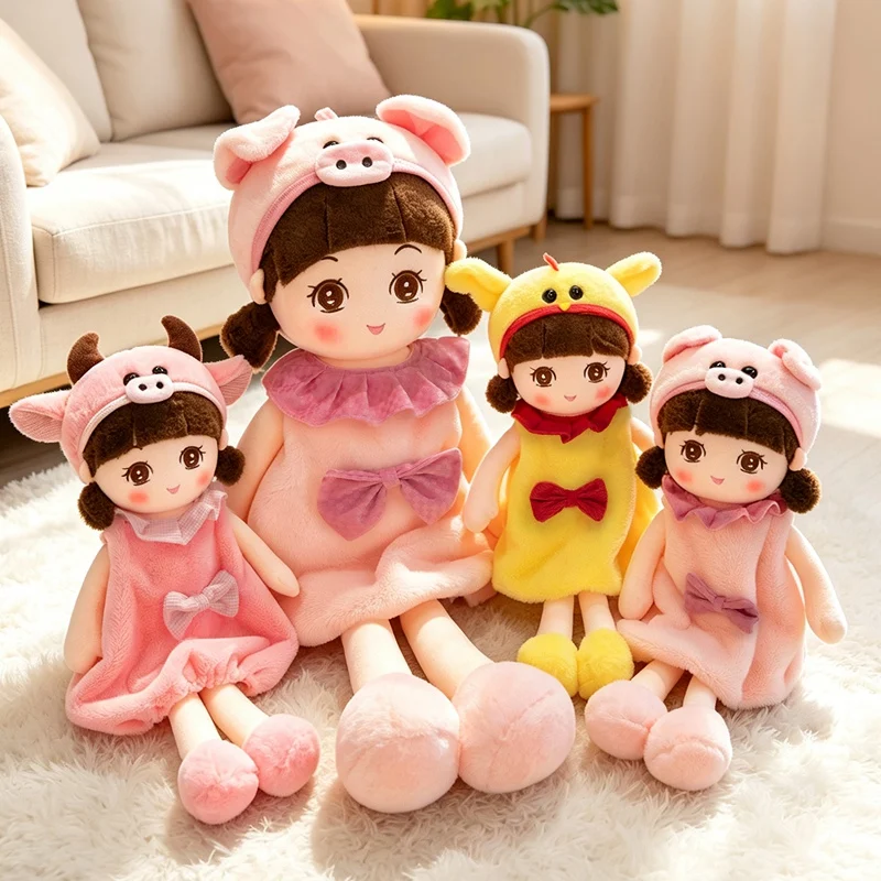 Girl Plush Doll Yellow Chicken Pink Cow Pink Pig Animal Outfit Styles Multi Size Soft Huggable Toy for Bedroom Gift
