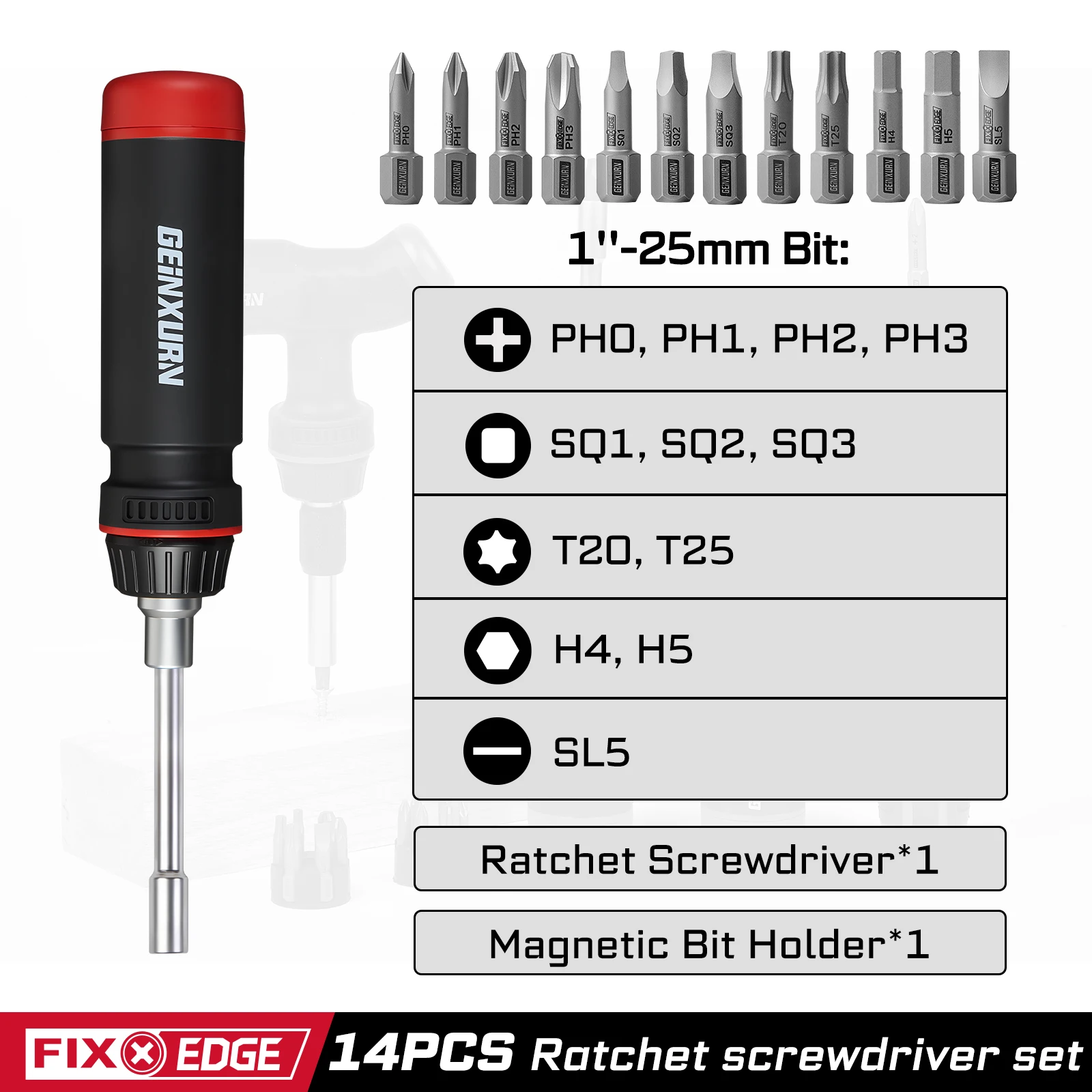 GEINXURN 14PCS 72-Tooth Ratchet Screwdriver Set, S2 Steel Blades, Integrated Internal Storage Design，Motorcycle Repair Tools
