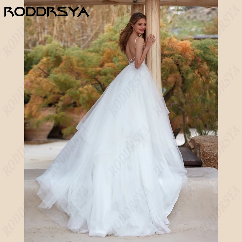 RODDRSYA Spaghetti Straps Wedding Dresses V-Neck Satin A-Line Bridal Gowns Tulle Lace Backless Beach Bride Party Robe De Mariée