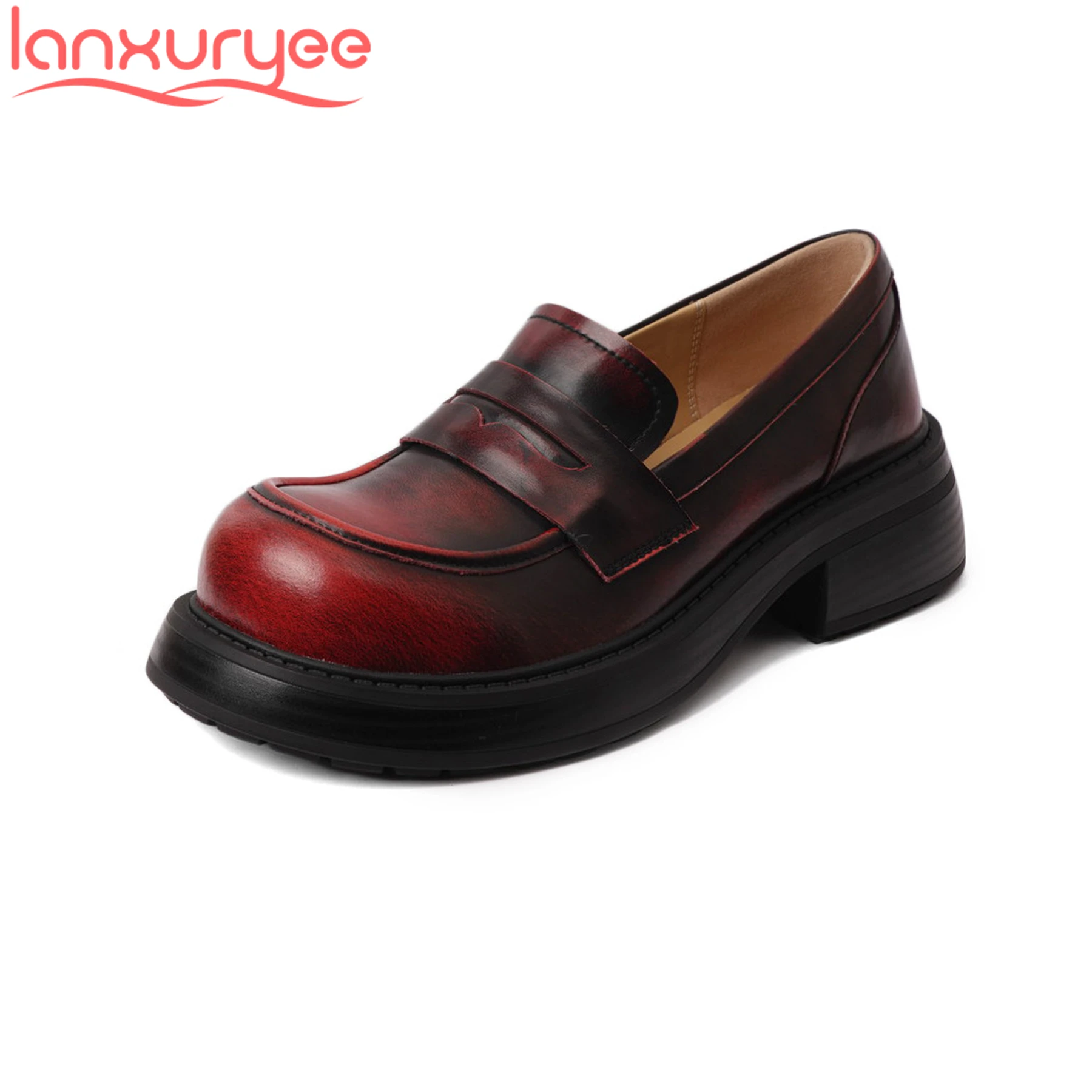 

Lanxuryee Cow Leather Loafers Chunky Heel Round Toe Spring Casual Women Vulcanized Shoes Mixed Colors Luxury Platform Sneakers