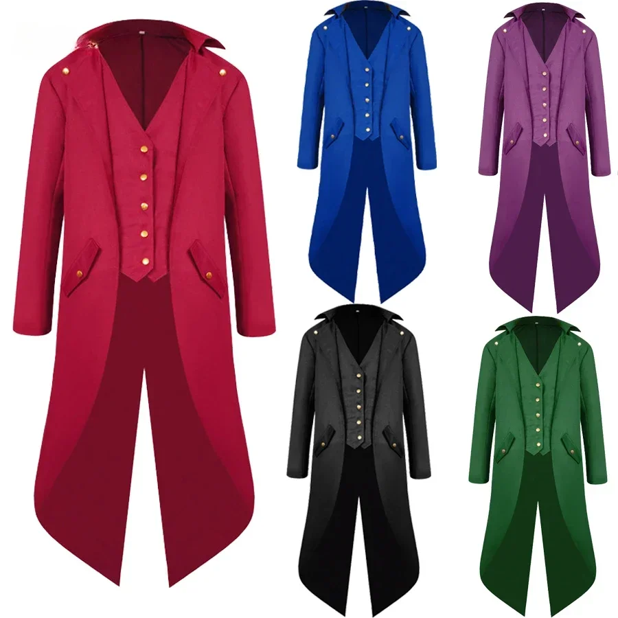 

Medieval Retro Red Tuxedo Tailcoat Mens Jacket Coats Swallowtail Dust Cosplay Steam Punk Costume Palace Dress Europe Uniform