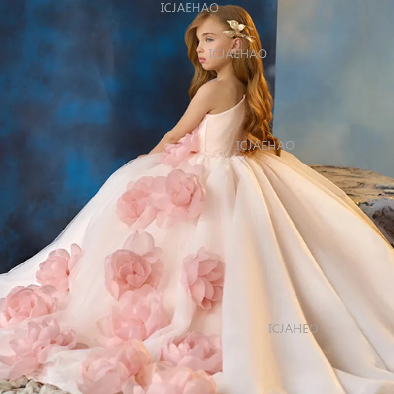 Kids New One Shoulder Sweep Train Long Dress Children Girls Host Birthday Party Evening Gown Elegant Princess Formal Costume