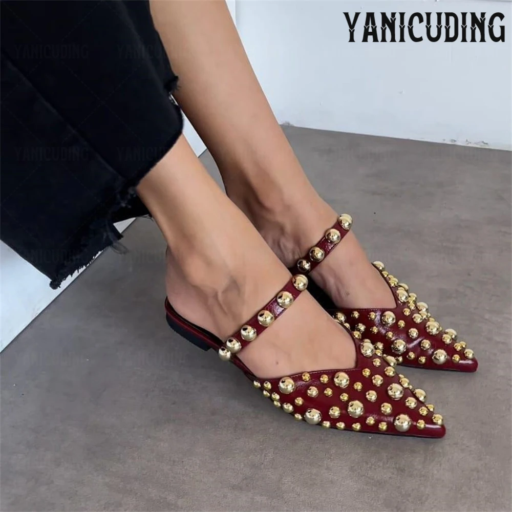 

Gold Metallic Beaded Slippers Closed Pointed Toe Mules Patent Leather Flat Summer Slippers for Women Customizable Multicolors