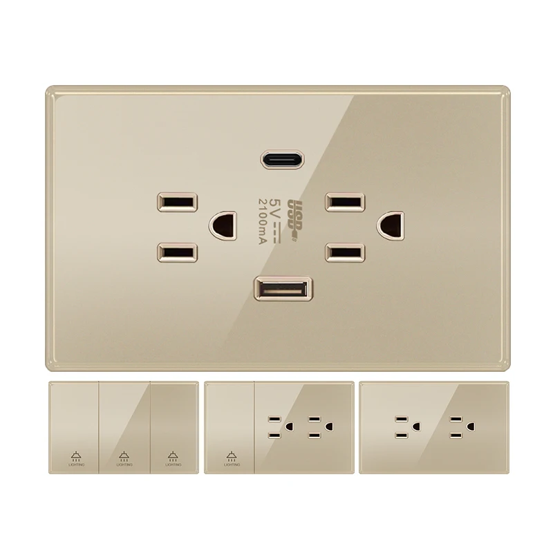 

ELEGAN Gold Tempered Glass Panel Mexican Standard 2.1A Type C Fast Charging American USB Socket 124*76mm Wall Socket Switch