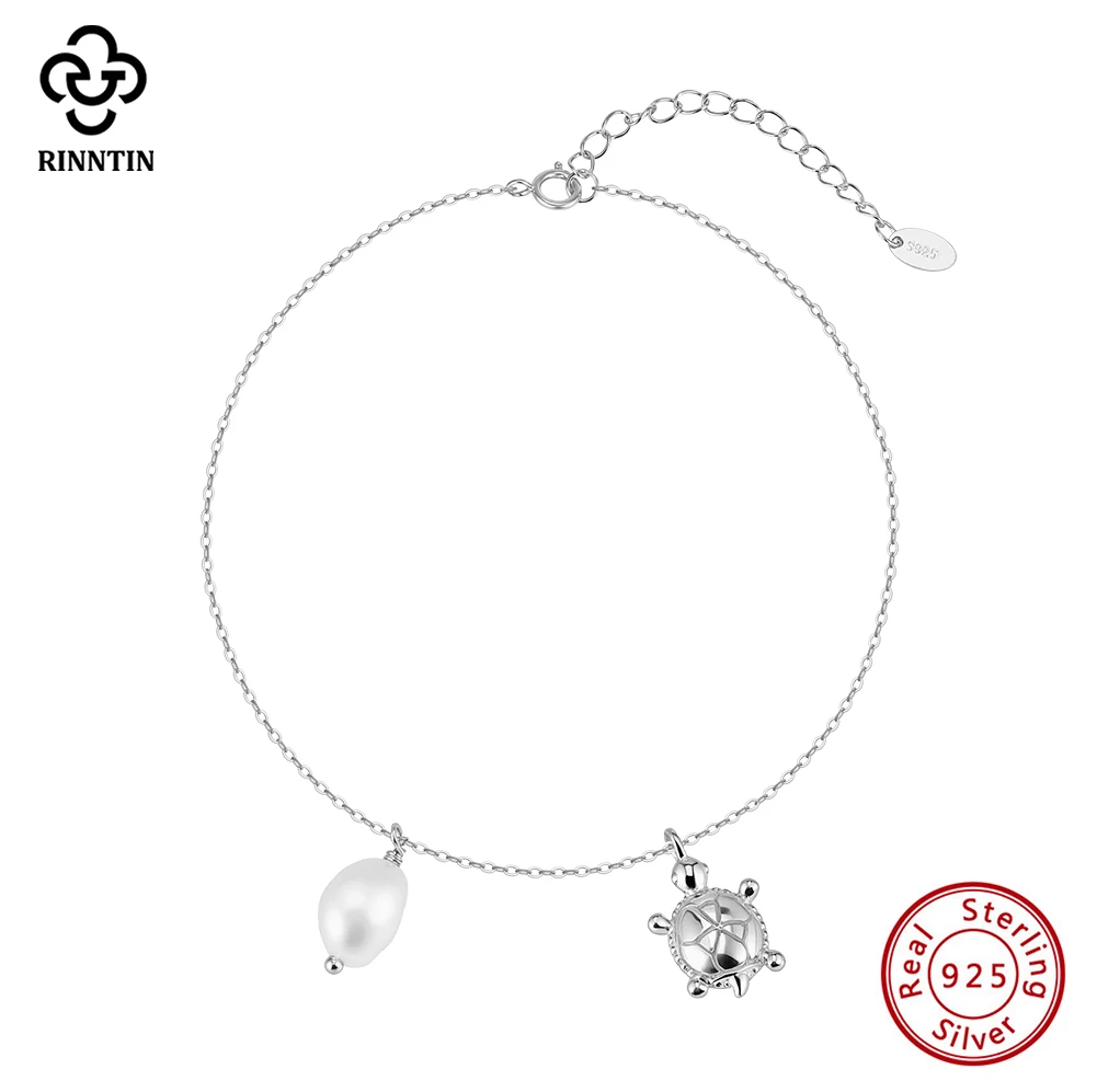 Rinntin 925 Sterling Silver Chain Anklets for Women with Natural Pearl and Cute Sea Turtle Foot Bracelet Straps Jewelry SA98