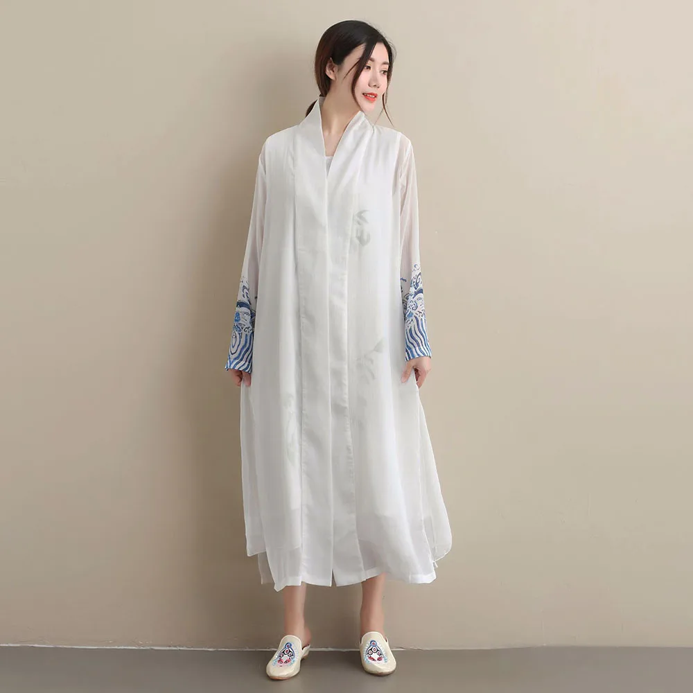 Chinese Style Buddha Department Men And Women With Long Thin Trench Coat Chiffon Print Loose Ancient Style Cardigan Hanfu Summer