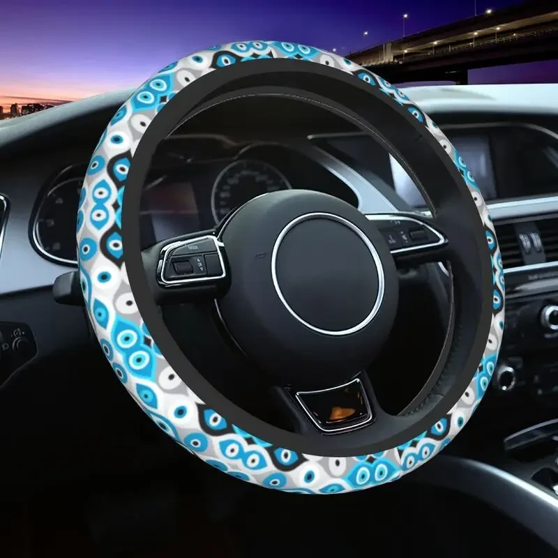 Greek Evil Eye Blues And Greys Steering Wheel Covers Nazar Amulet Boho Steering Wheel Protector Fit for Sedan Car Accessories