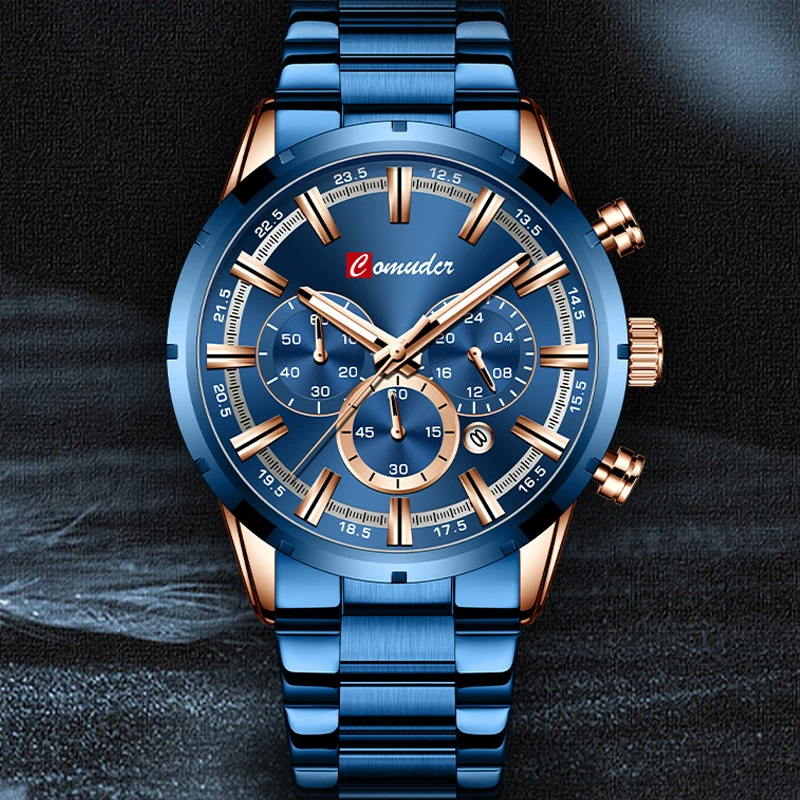 Reloj de pulsera luminoso para Hombre, cronógrafo de cuarzo, de lujo, de acero inoxidable, resistente al agua