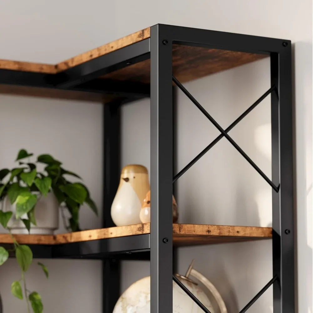 Corner Bookshelf, 7-Tier Industrial Corner Bookcase, Tall Corner Shelf Storage Display Rack with Metal Frame for Living Room