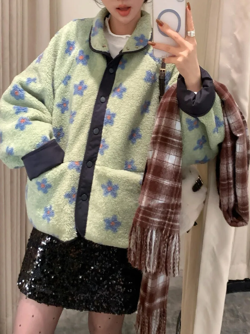 الكورية Sle الدفء eepskin المرأة ort معطف ربيع الخريف الشتاء الأزهار طباعة فروي Jaet لطيف الحلو تقليل العمر