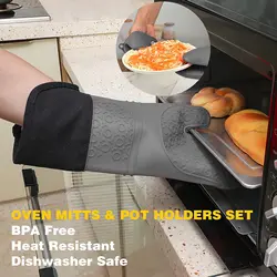 Silicone Oven Gloves Heat Resistant Cotton Insulated Gloves For Baking Barbecue Kitchen Cooking Baking Gloves