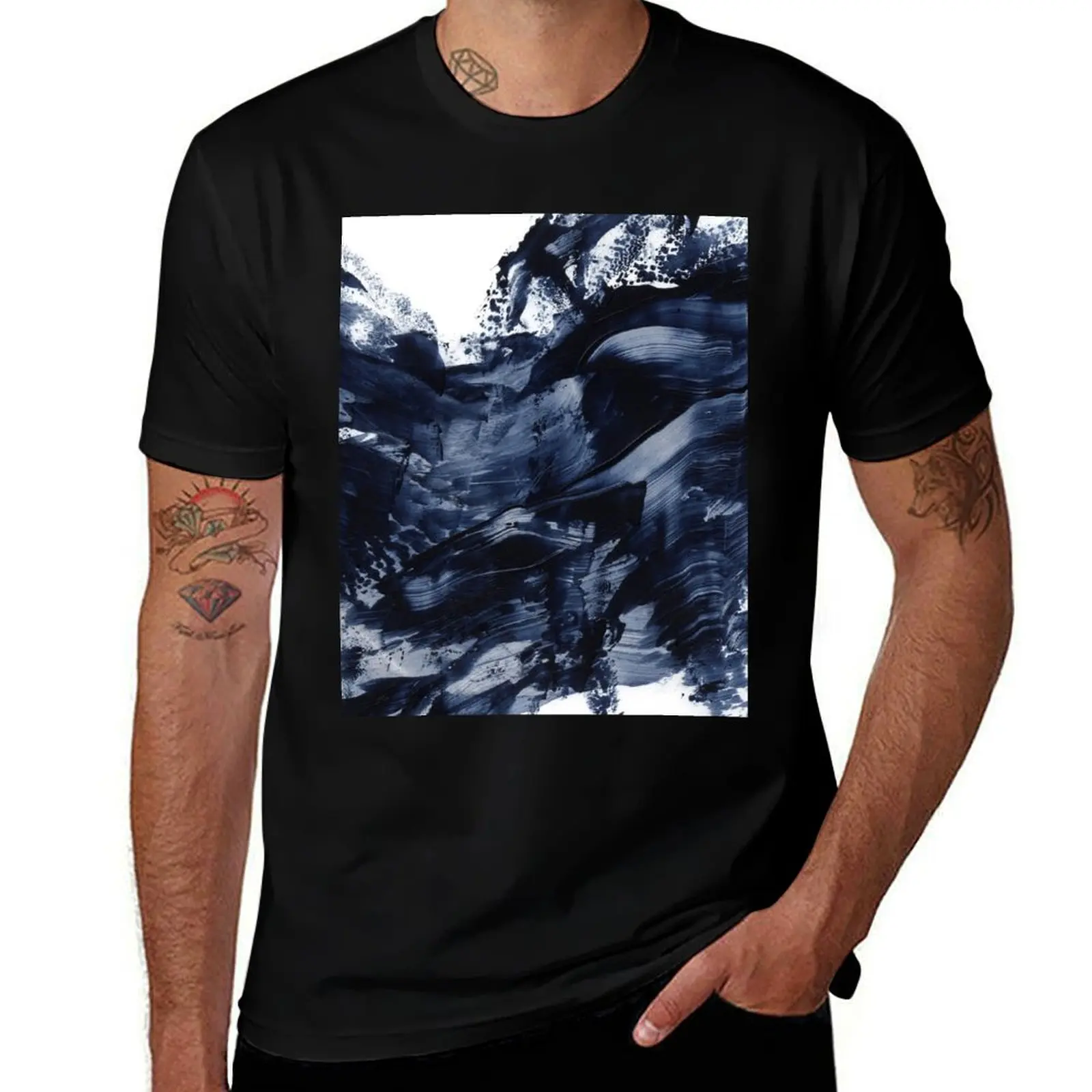 Dark Navy Gray Acrylic Abstract Painting T-Shirt Durable Work Wear T-Shirt
