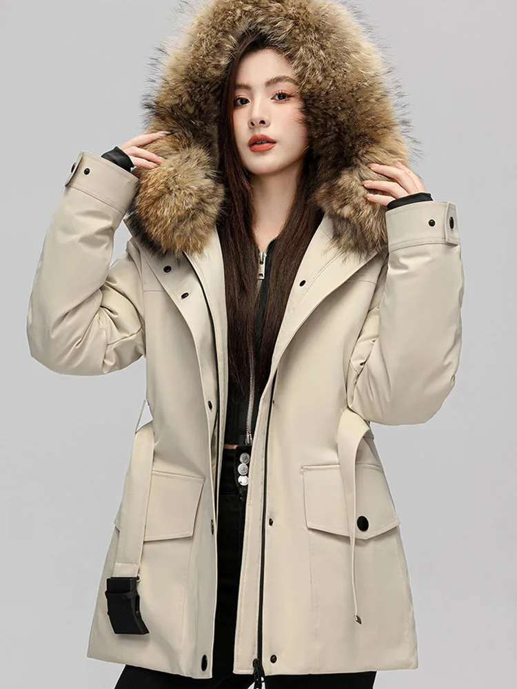 Natural large raccoon fur collar down jacket for women winter medium long raccoon fur warm parka jacket trendy