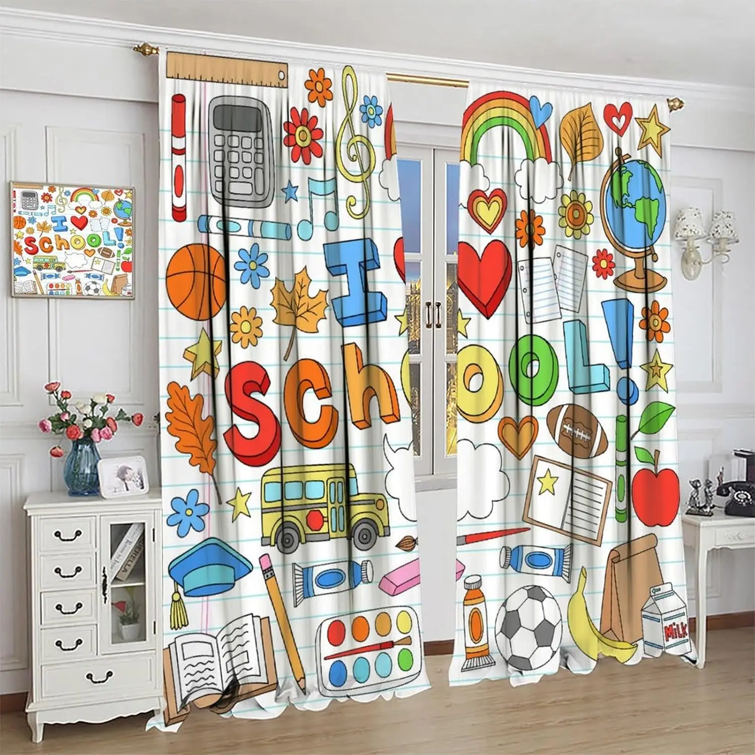 

Kids Loves School Curtain Educational Learning Window Treatments for Bedroom Cute Colorfu Classroom Theme Window Drapes for