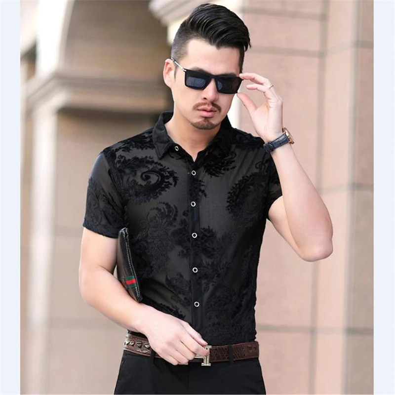 Wash And Wear Hollow High-End Luxury Short Sleeve Shirts For Men Summer Quality Velvet Smooth Comfortable Silky Camisa Masculina