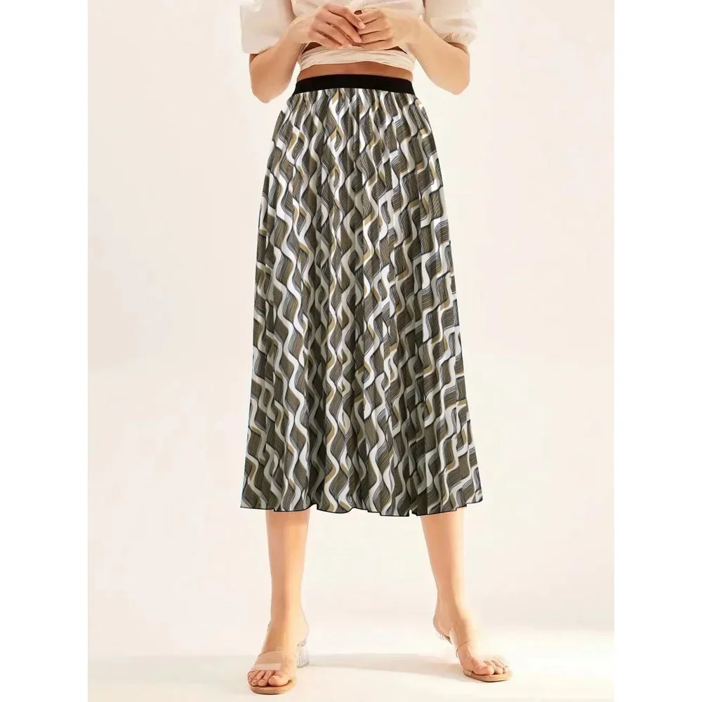 Summer simple elastic pleated skirt Wave texture printed mini skirt