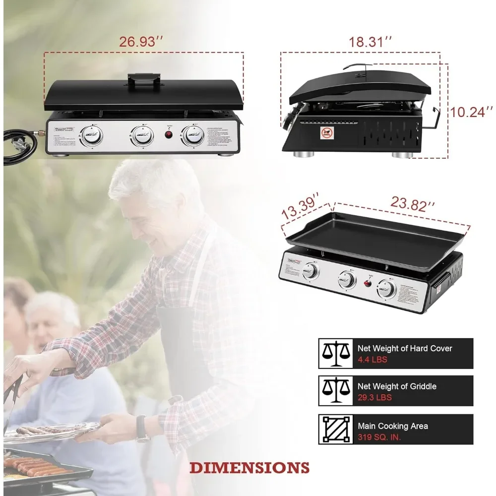 PD2301S 3-Burner 25,500 BTU Portable Gas Grill Griddle with Top Hard Cover, 24-Inch Tabletop Griddle Station