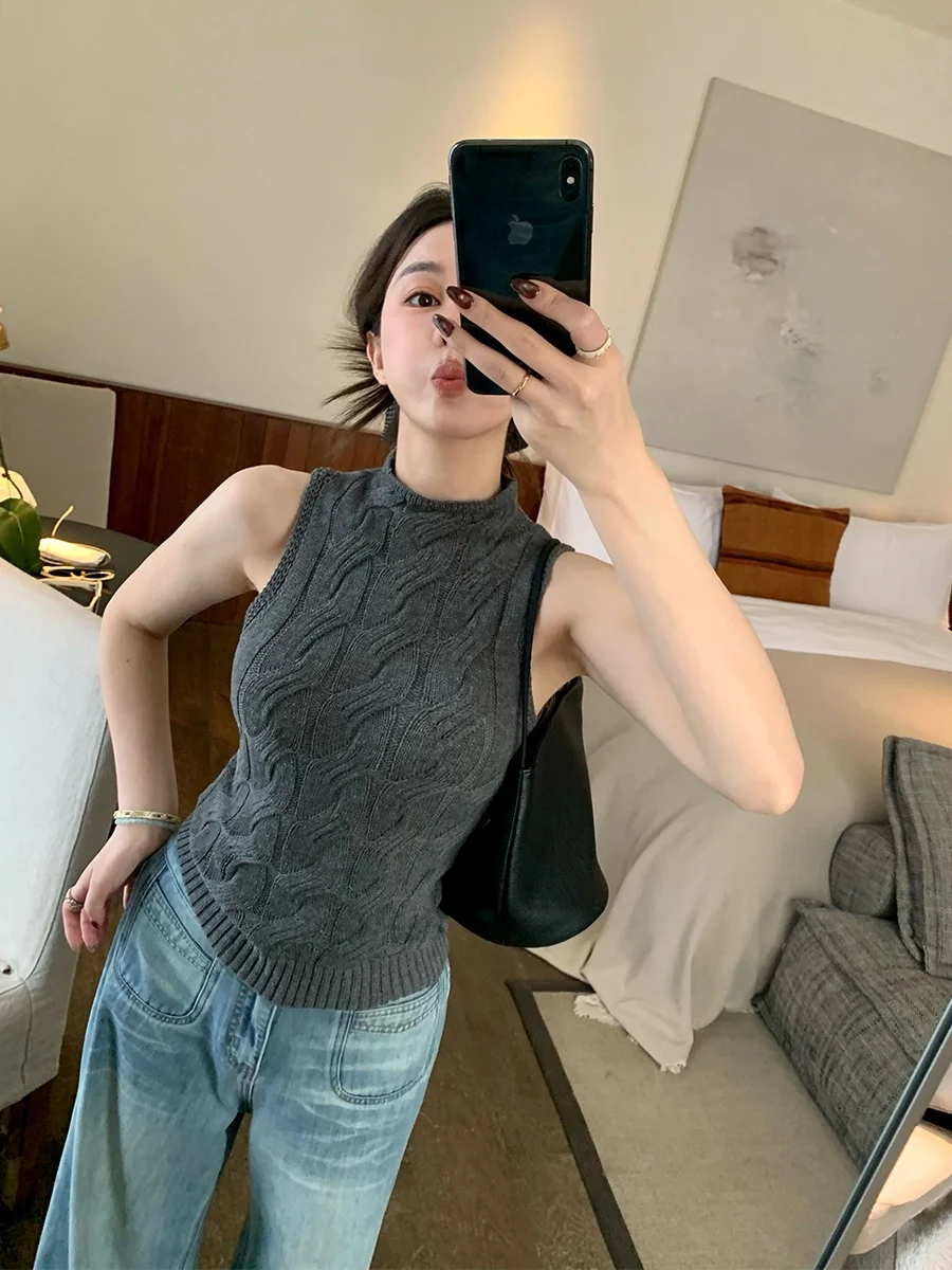 

MUKOK Grey Knitted Short Sleeveless Vest Women's Fashion Slim Fit Half High Collar Spring Summer New Style Commute Soft Polye...