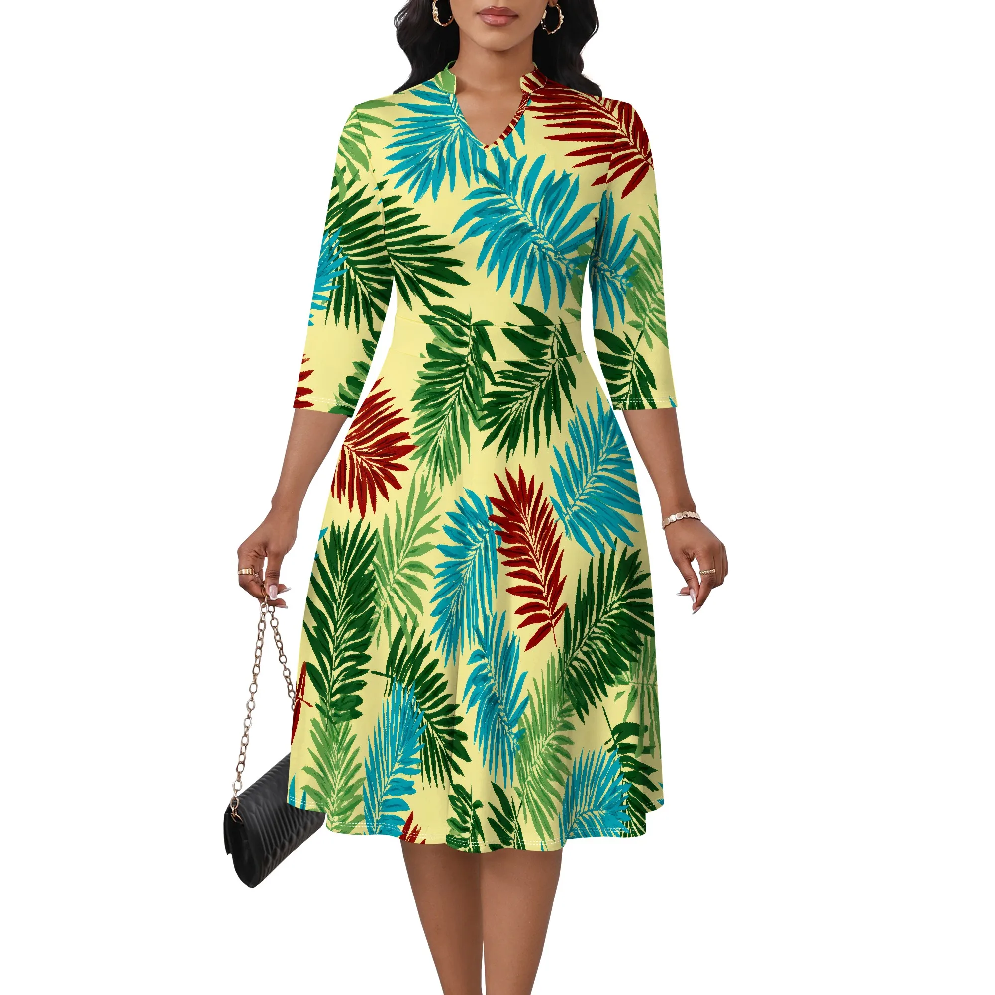 ผู้หญิงElegant 3/4 Sleeveเซ็กซี่สูงเอวVคอRuffleชุดA-Line Flowy Sundressค็อกเทลปาร์ตี้Midiชุด