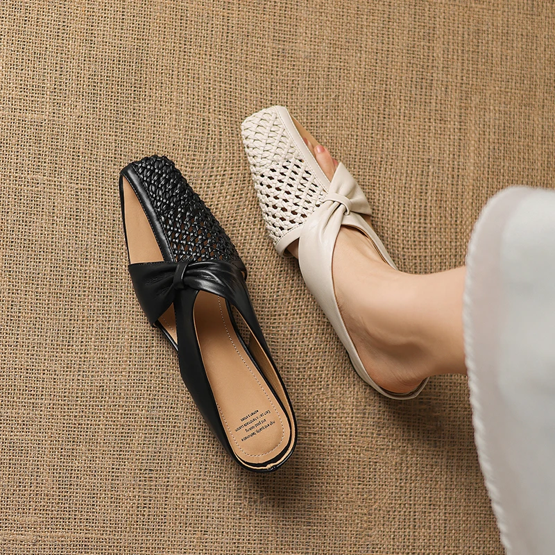 2026 new summer women sandals natural leather 22-25cm cowhide+weave+sheepskin+pigskin square toe mules high heel women slippers