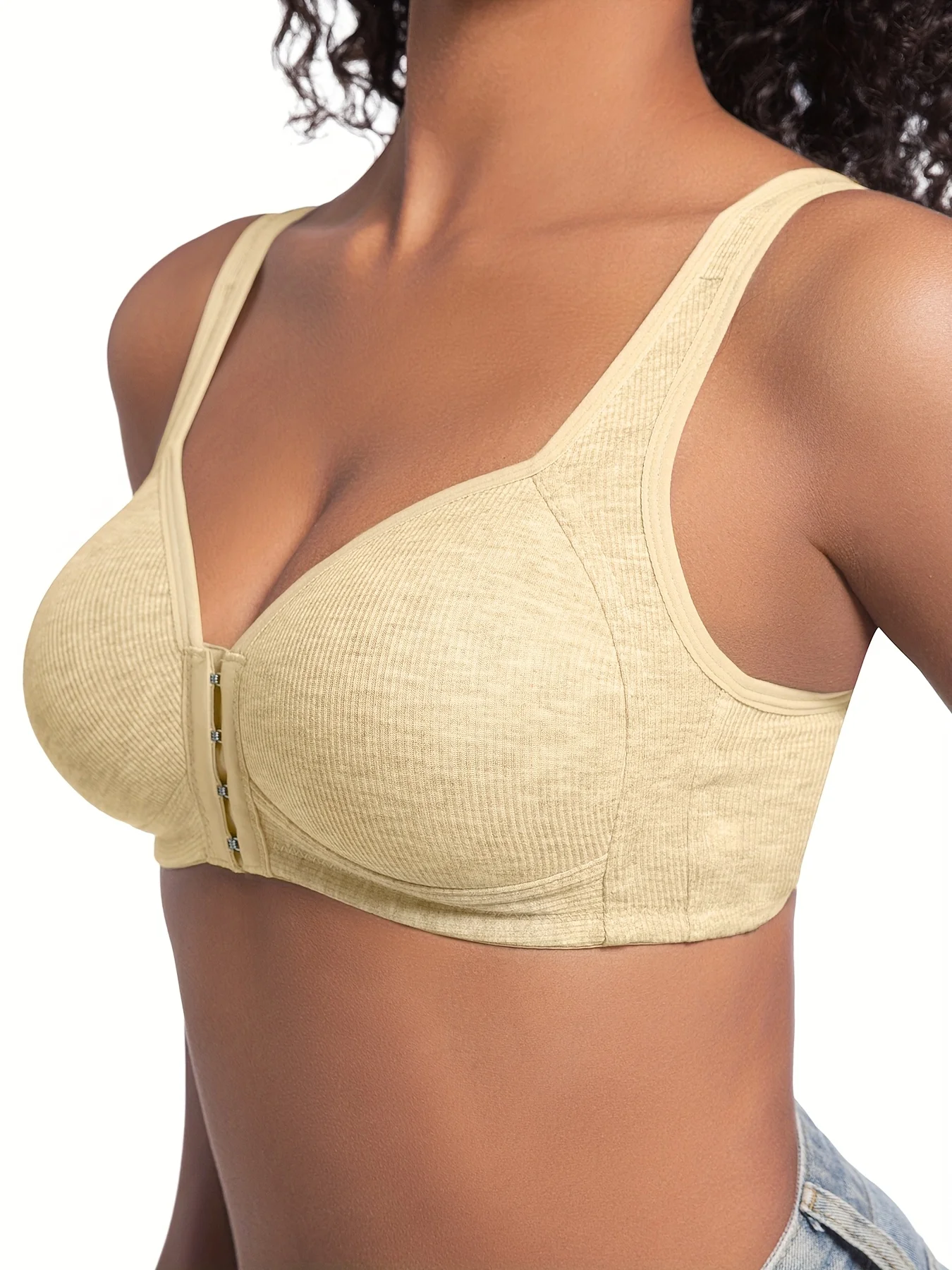 Damen-BH ohne Bügel, Vorderverschluss, einfarbig, vollständige Abdeckung, feste Körbchen, rückläufig für mittlere und ältere Menschen, individuell – Detail 11