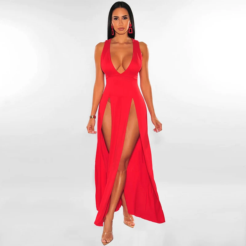 Sexy Woman Club Dress Backless Sleeveless Deep V-Neck High Waist Slit Maxi Dress Birthday Midnight Party Elegant Women Dress