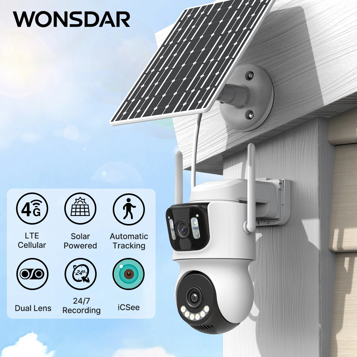 WONSDAR Batteria incorporata per esterni Doppia lente Telecamera di sicurezza solare 4G Pannello solare Telecamera wireless Registrazione 24 ore su 24 Allarme iCsee