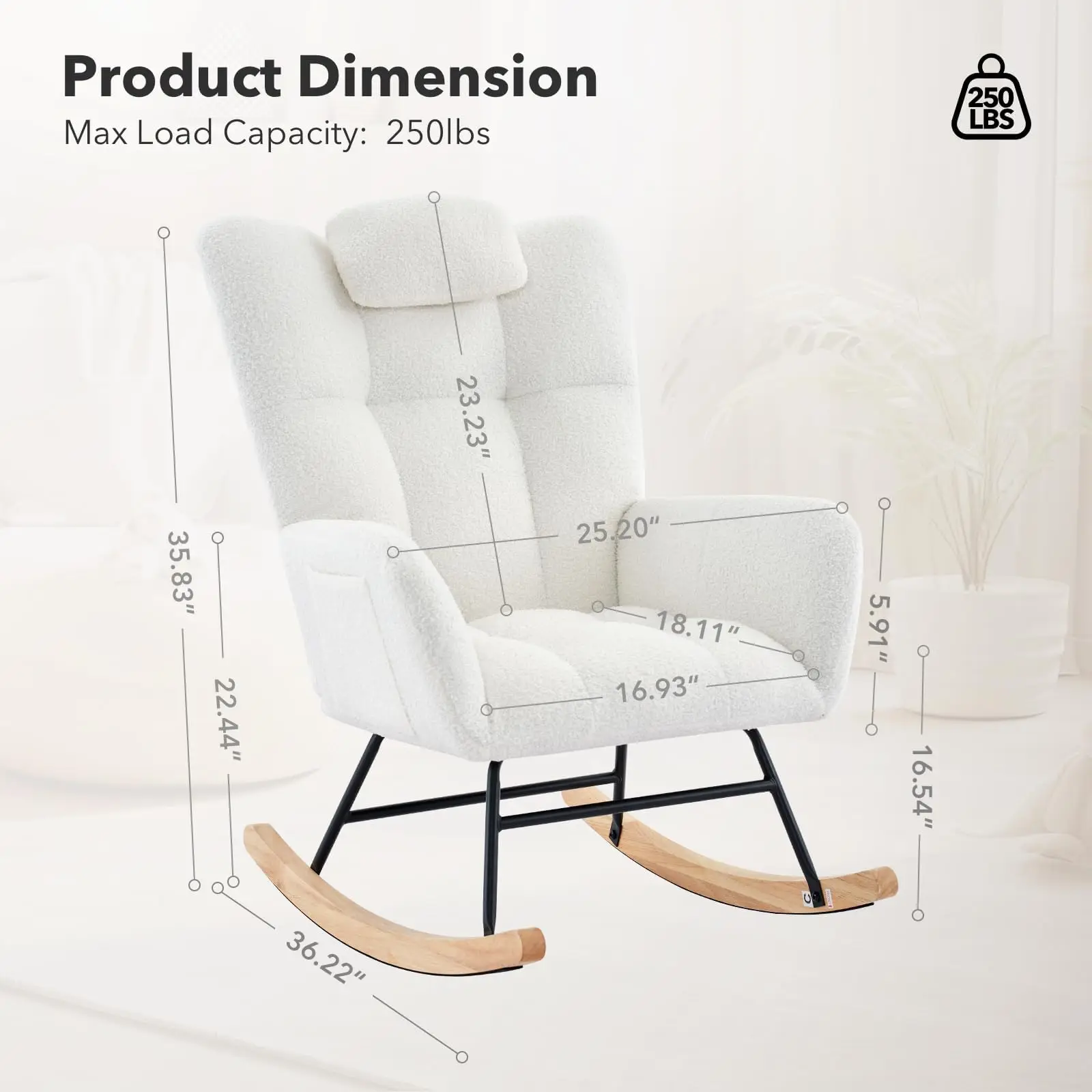 Rocking Chair Nursery Glider Chair Upholstered Padded Seat Rocker | Fleece Fabric, Padded Seat with Headrest, Sturdy Wood Frame, Accent Rocker for Living Room Nursery Home