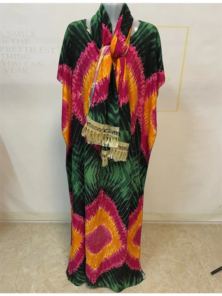 Abayas en coton musulman pour femmes, dubaï, perçage à chaud, imprimé Floral, ample, Robe africaine, Islam, Nigeria, avec châle, écharpe