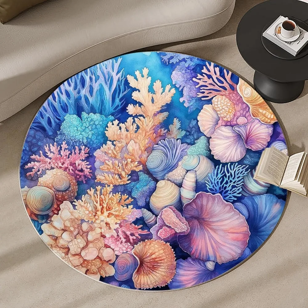 

Ocean Themed Coral and Shell 6-Foot Round Area Rug - Machine Washable, Blue Ocean Landscape, Non-Slip Rubber Backing