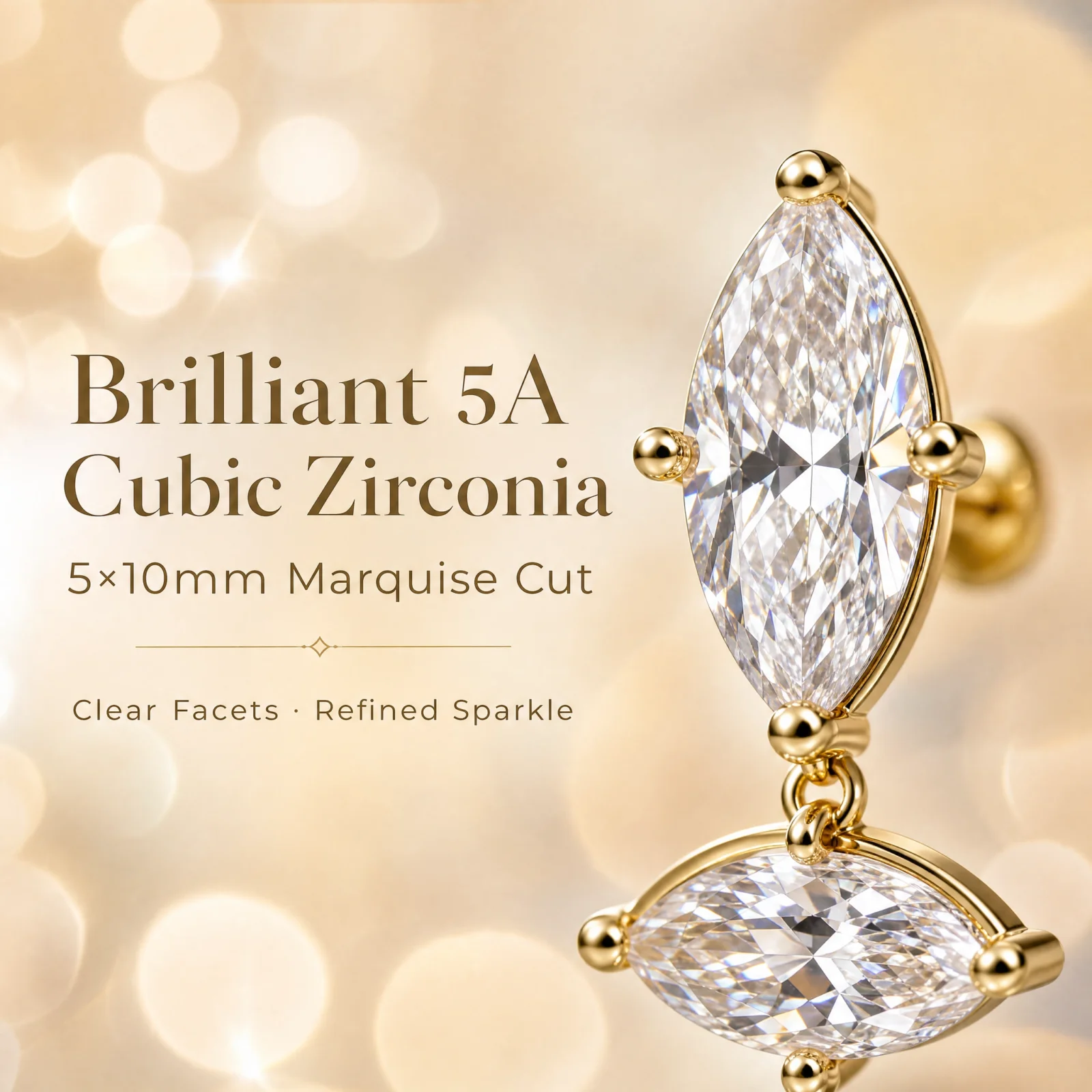 Moonmory Minimalistisches, einzigartiges Design, doppelte Marquise-Ohrstecker für Damen, 5A Kubikzirkonia, 5x10mm, 14k doppelt vergoldet – Detail 9