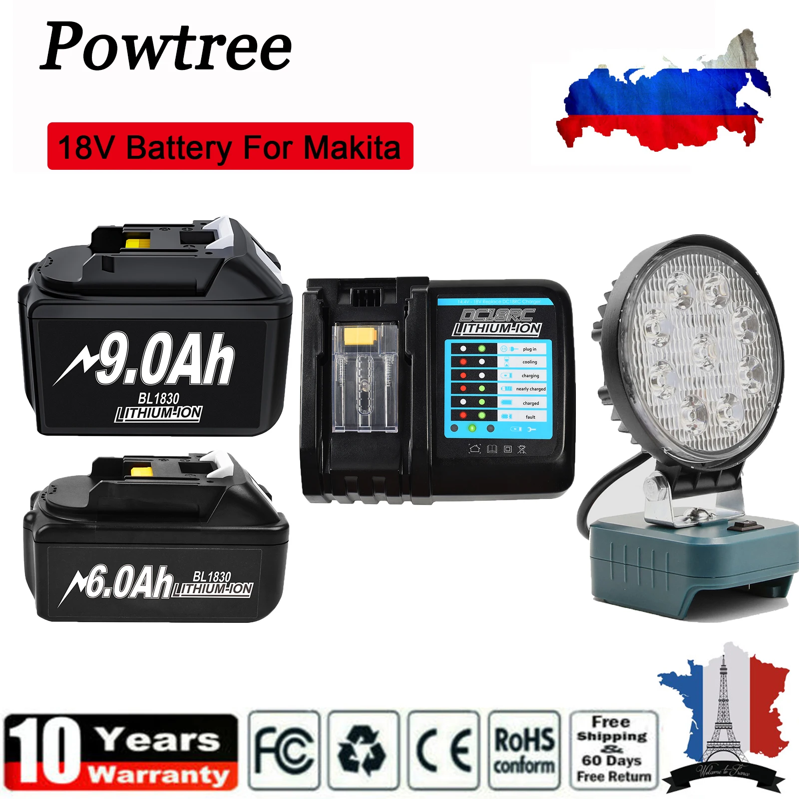 18V 6.0Ah/9.0Ah Battery Set For Makita BL1830 BL1850 BL1860 Replacement Lithium Battery With Working Light For Camping Lighting