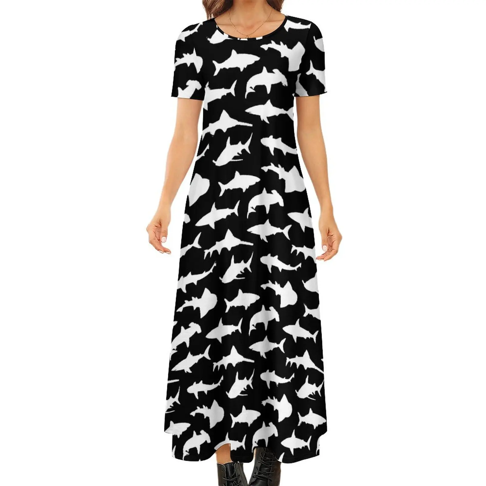 White Sharks Dress Animal Print Kawaii Maxi Dress Women Short Sleeve Aesthetic Boho Beach Long Dresses Large Size