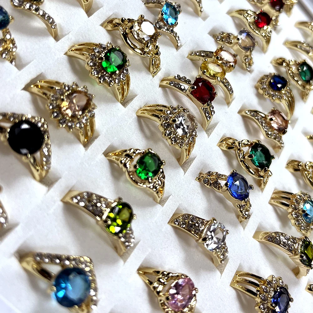 10Pcs Fashion Multicolor Zircon Crystal Gold Plated Ring For Feminine Women Jewelry Bulks Rings Lots LR4215