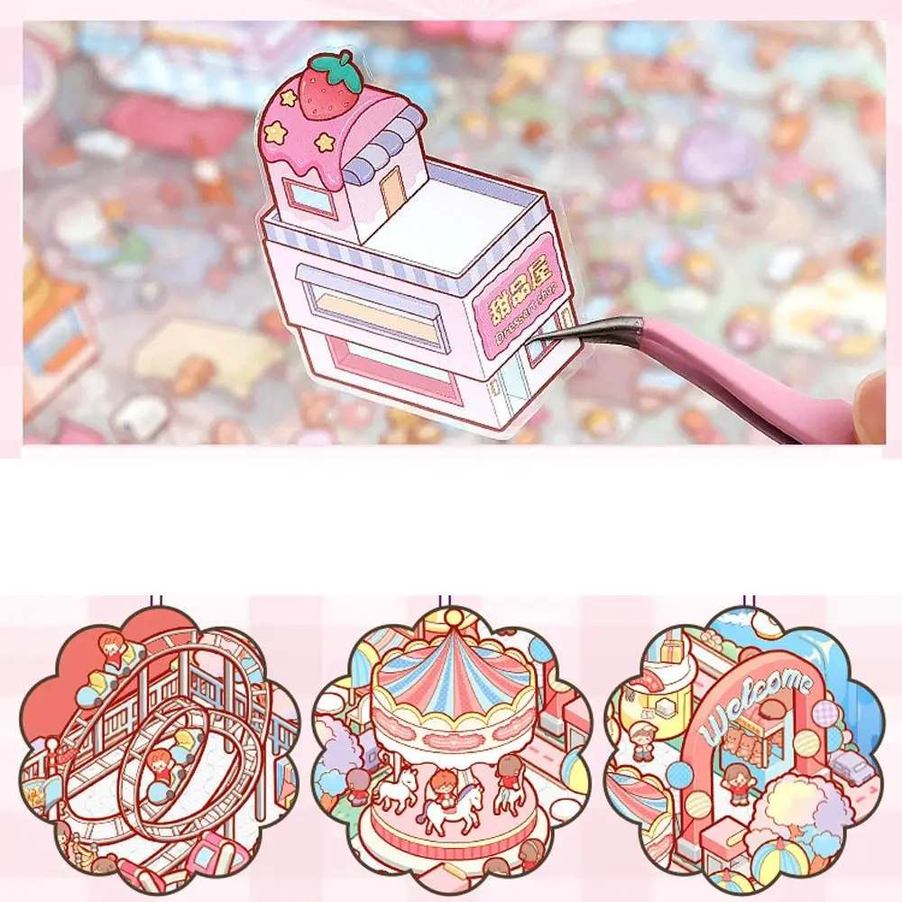 New PET Miniature Scene Collection Cartoon DIY 3D Pocket Cabin Scene Stickers 3D Visual Stacking Tent Sticker Decoration