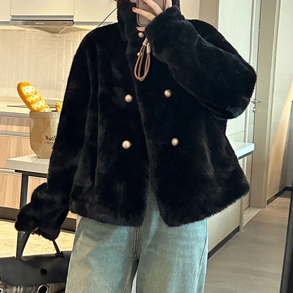 2024 new mink fur coat, winter thick premium double breasted fur coat, stand up collar  faux fur coat  coats for women