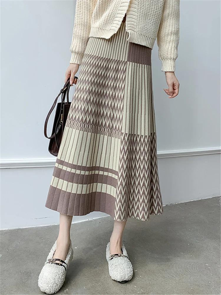 

Autumn Winter Vintage Printed Pleated Women's Knitted A-line Skirts Elegant High Waist Knitwear Umbrella Long Skirts Female