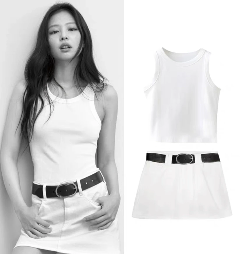 

White Sleeveless Vest Top with Strap Denim Short Skirt Summer Set for Women Jennie Style Casual Ethnic Fashion