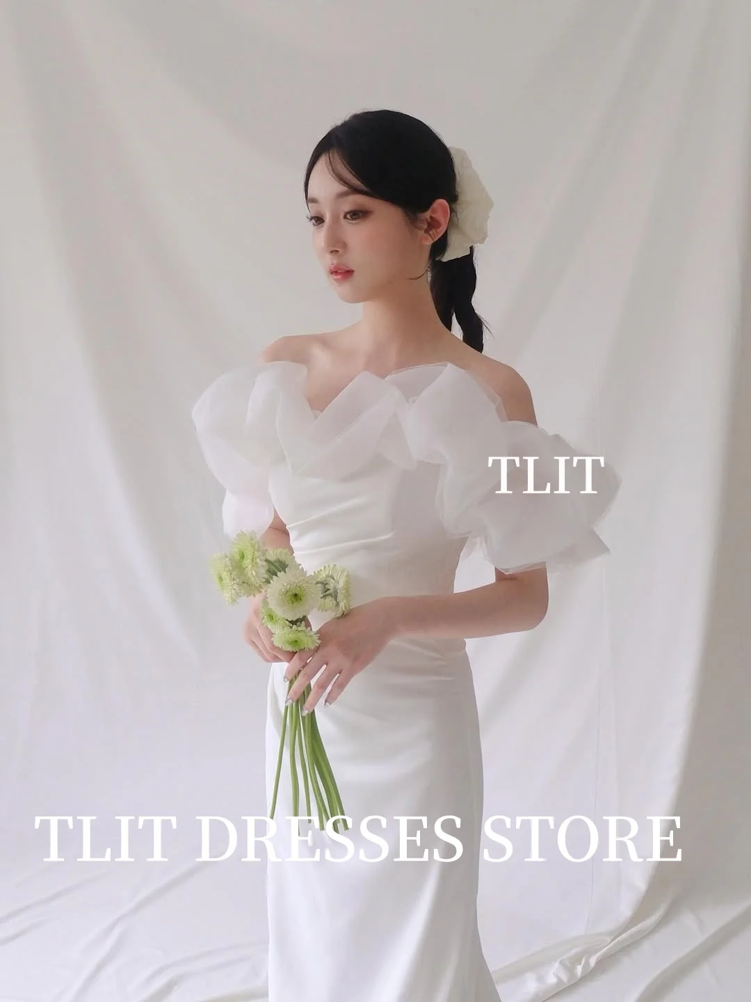 فستان زفاف أنيق من الساتان حورية البحر باللون الأبيض من TLIT ثنيات من الأورجانزا بدون حمالات فساتين حفلات كورية فستان الزفاف صور تبادل لاطلاق النار حسب الطلب #2