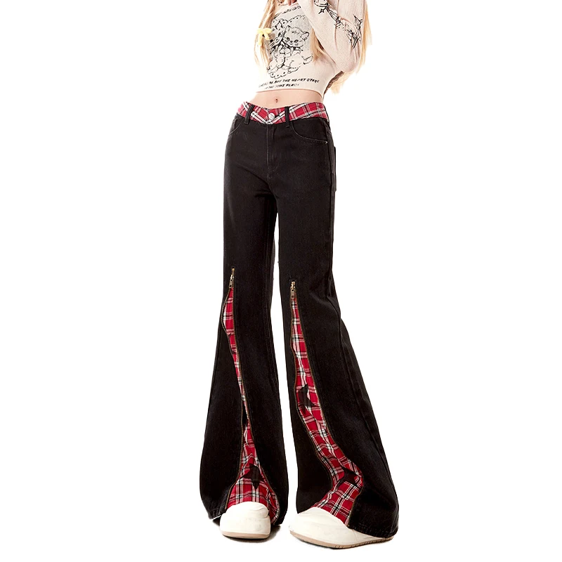 Red Plaid Stitching Zipper Micro-Trumpet Jeans Women's Spring Sutumn 2024 New Star High Waist Slim Straight Joker Pocket Pants