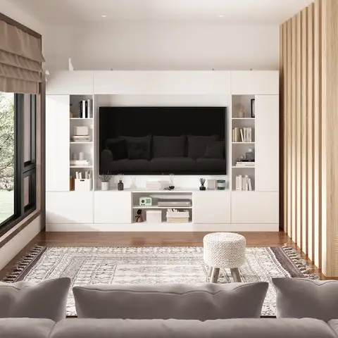 FUFU&GAGA Mobile TV da parete con librerie per TV fino a 75", console multimediale per centro di intrattenimento con luci LED e ripiani