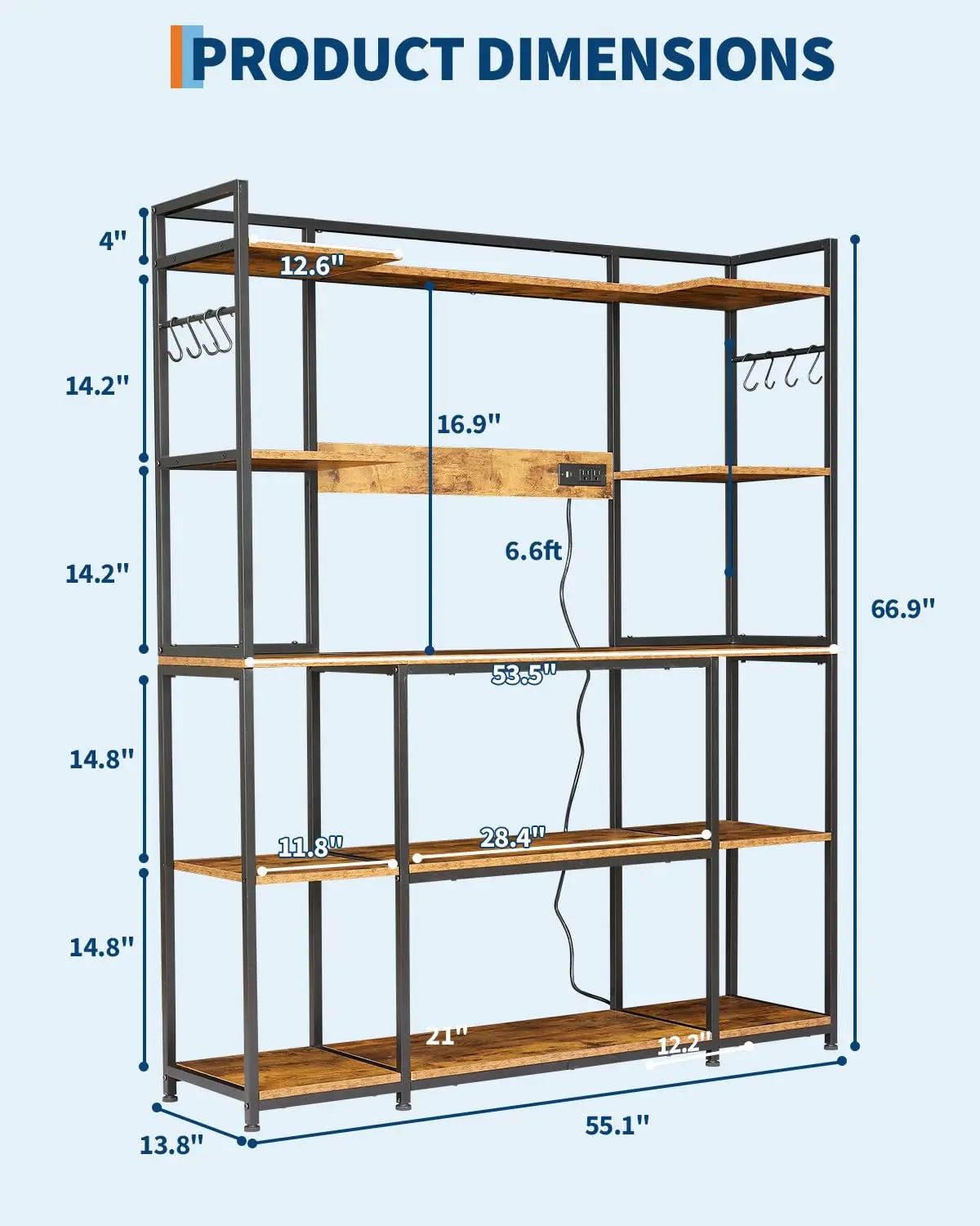 Kitchen Bakers Rack with Power Outlet 55 * 66inch, Microwave Oven Stand with Storage 4 Tiers, Coffee Bar Table with 6 S Hooks