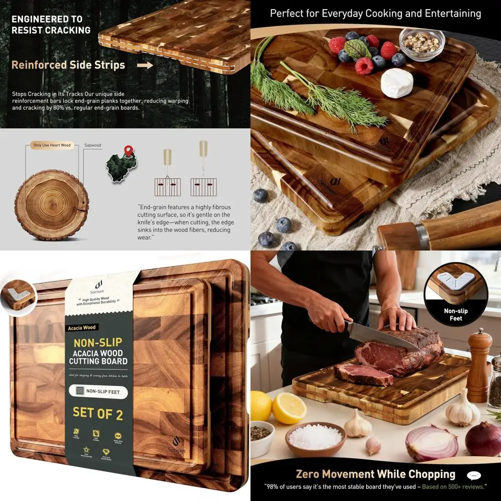 

Pair of Reversible Acacia Wood Cutting Boards with Juice Groove and Handles - Non-Toxic, Non-Slip Kitchen Chopping Blocks