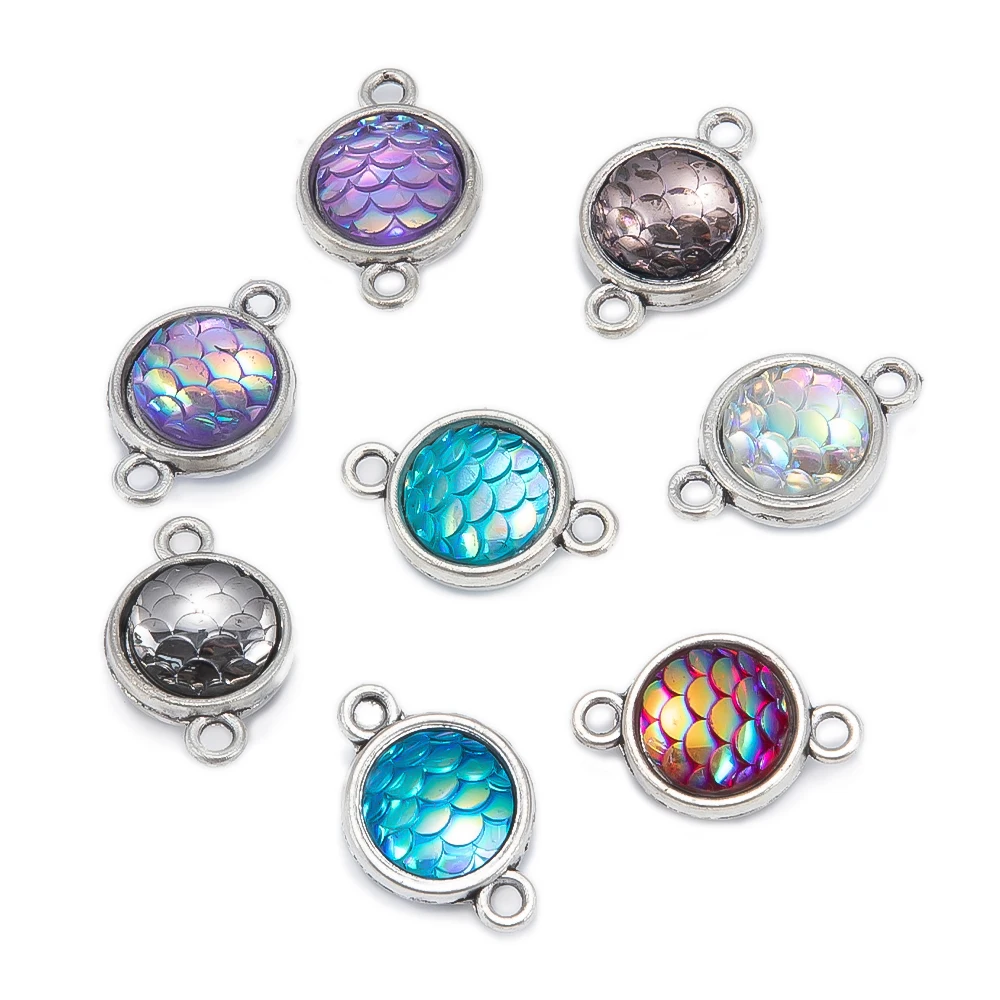 10Pcs 10MM  Fish Scale Base Round Pendants Resin Double-sided Charm for DIY Necklace Earring Jewelry Making Finding Accessories