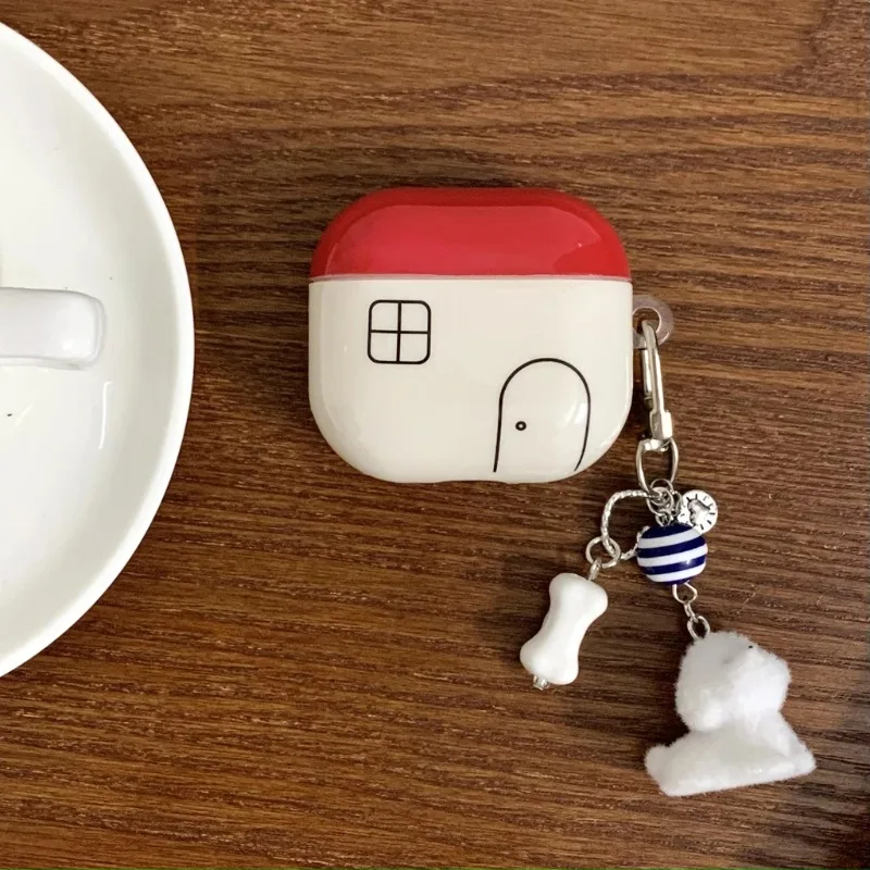 

Creative Red Small House Case For AirPods 1 or 2 3 4 Pro 2 With Cute Puppy Pendant Protective Earphone Cover For AirPods 4 Funda