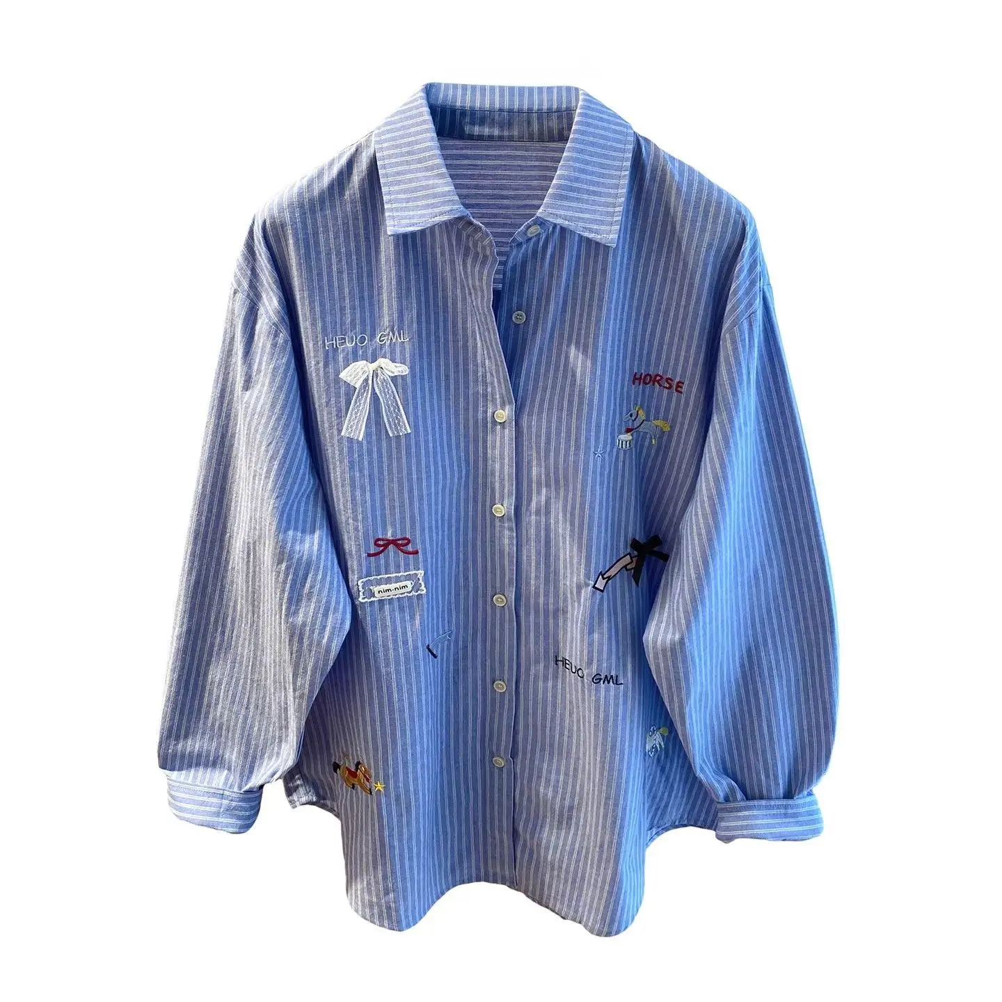 Korean Blue Embroidered Striped Shirt Female 2026New Spring Autumn Coat Ladies Loose Casual Joker Jacket Slim Lapel Women Blouse view 6