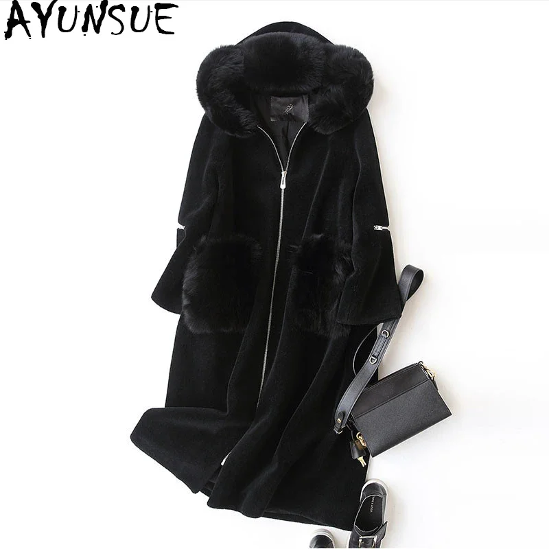 

AYUNSUE Sheep Shearling Female Jacket 2020 Winter Fur Coat Women Real Wool Coats Long Jackets Natural Fox Fur Hood 17160 WYQ1171