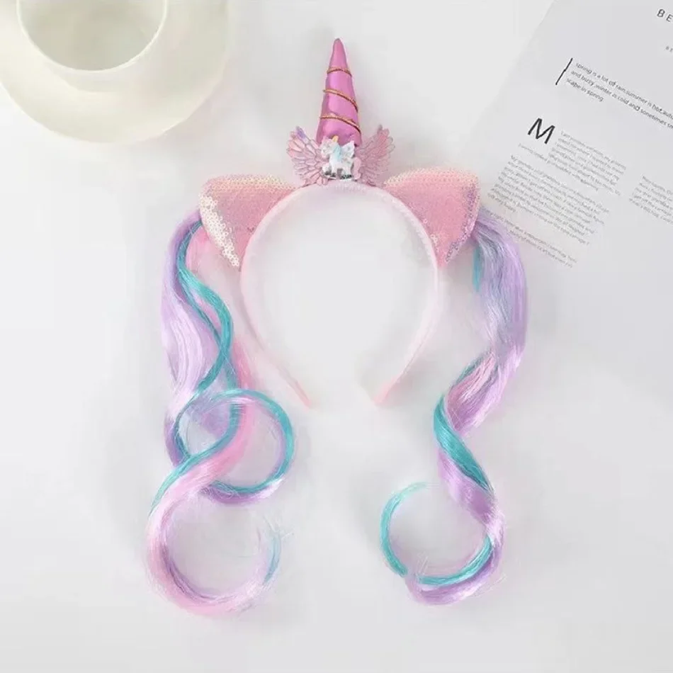 Children Mermaid Hairband Baby Rainbow Unicorn Wig Braid Headband Girl Cartoon Baby Margarine Hairband Girl Birthday Gift view 5